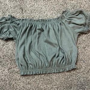 Off the shoulder greenish teal cropped shirt